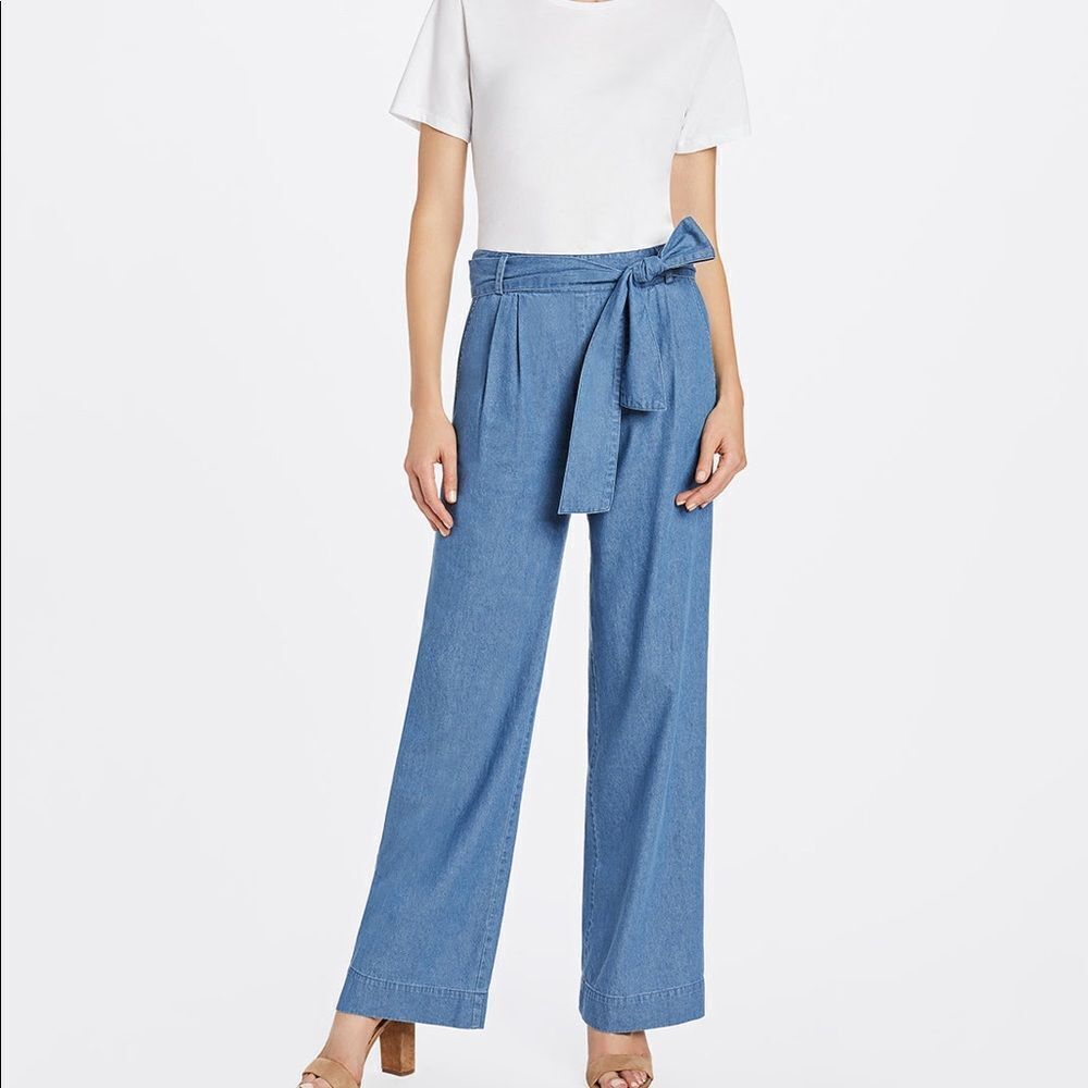 Draper James Wide Leg Medium Wash Chambray Pants with Adjustable Tie Belt